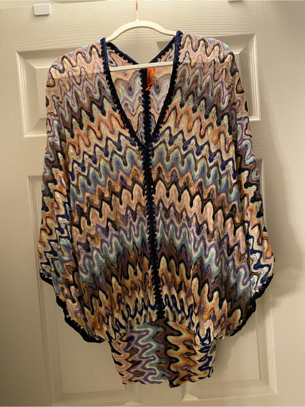 Missoni Multicolor Zigzag Batwing Knit Top with Navy and Peach Accents
